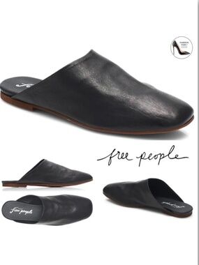 Free People Black Leather Reese Mule Square Toe Slip On Flat Shoes Loafers 39